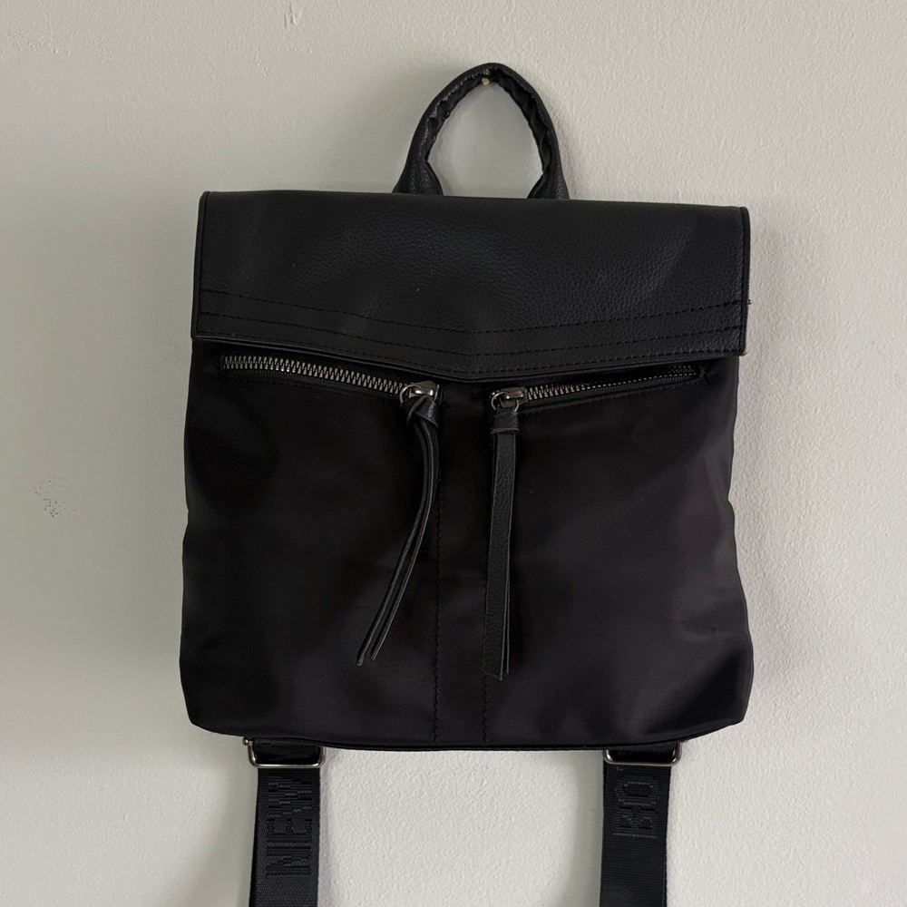 Botkier Nylon Backpack Black Minimalist‎ Logo Strap Leather Trim